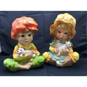 Vintage 1974 Universal Statuary Young Girl with Cat And Boy Statues Retro Decor